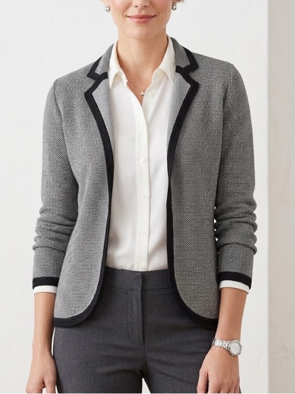 Banana Republic Grey Merino Wool Knit Cardigan with Black Trim